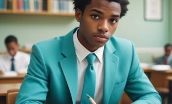 Young man in class with a turqouise blazer 2